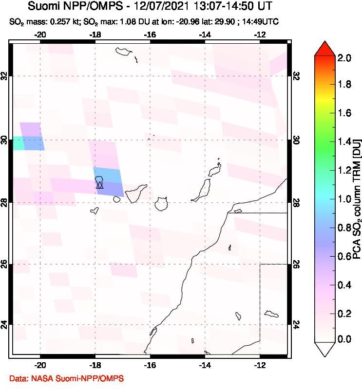 A sulfur dioxide image over Canary Islands on Dec 07, 2021.