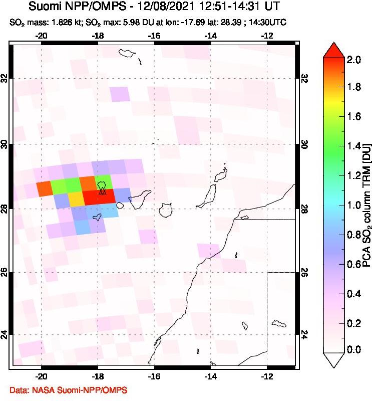 A sulfur dioxide image over Canary Islands on Dec 08, 2021.