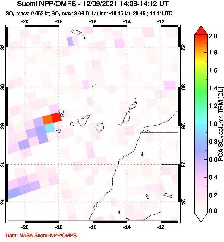 A sulfur dioxide image over Canary Islands on Dec 09, 2021.