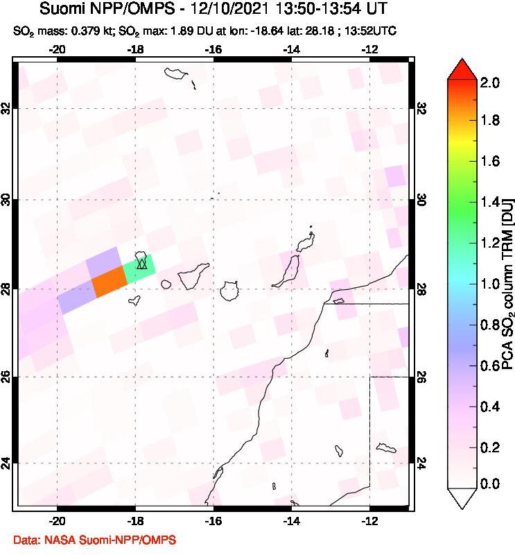 A sulfur dioxide image over Canary Islands on Dec 10, 2021.