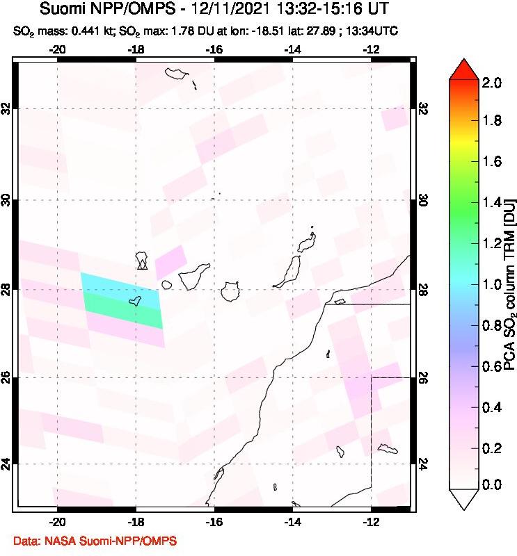 A sulfur dioxide image over Canary Islands on Dec 11, 2021.