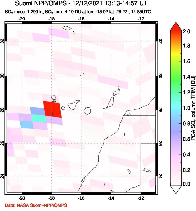 A sulfur dioxide image over Canary Islands on Dec 12, 2021.