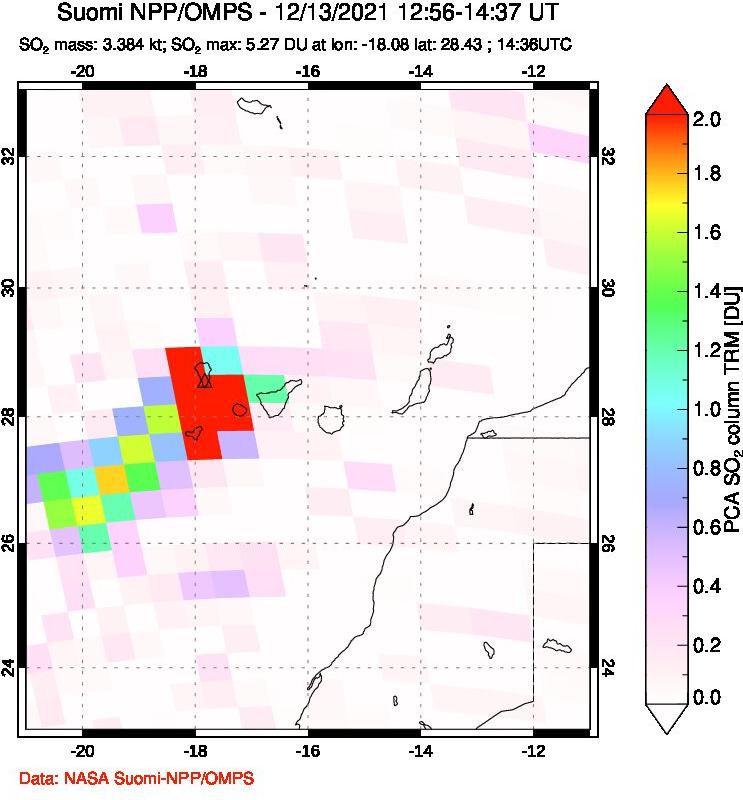 A sulfur dioxide image over Canary Islands on Dec 13, 2021.