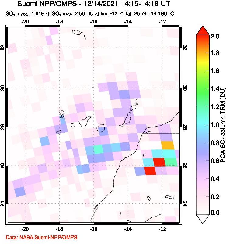 A sulfur dioxide image over Canary Islands on Dec 14, 2021.