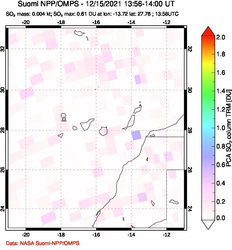 A sulfur dioxide image over Canary Islands on Dec 15, 2021.