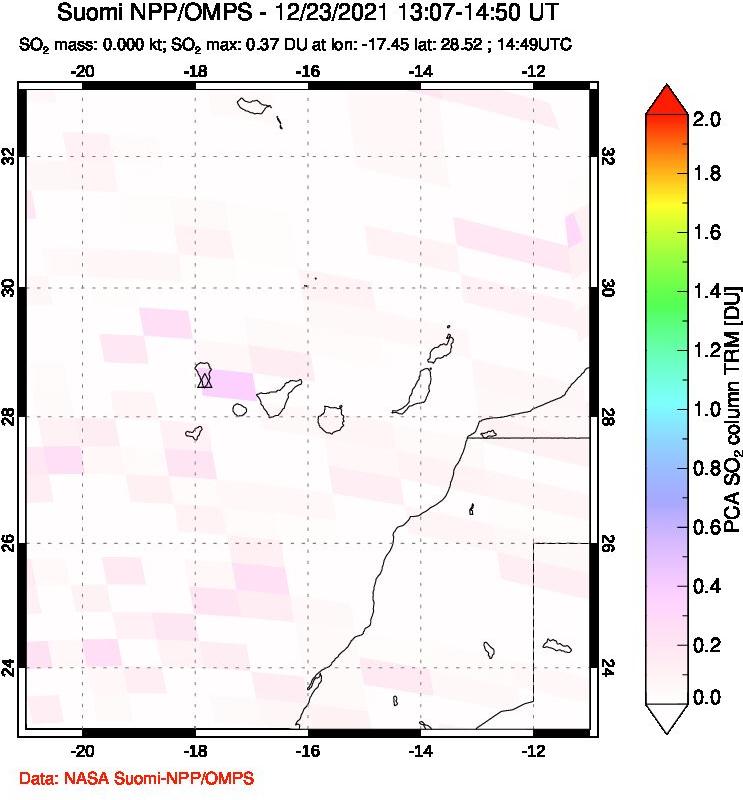 A sulfur dioxide image over Canary Islands on Dec 23, 2021.