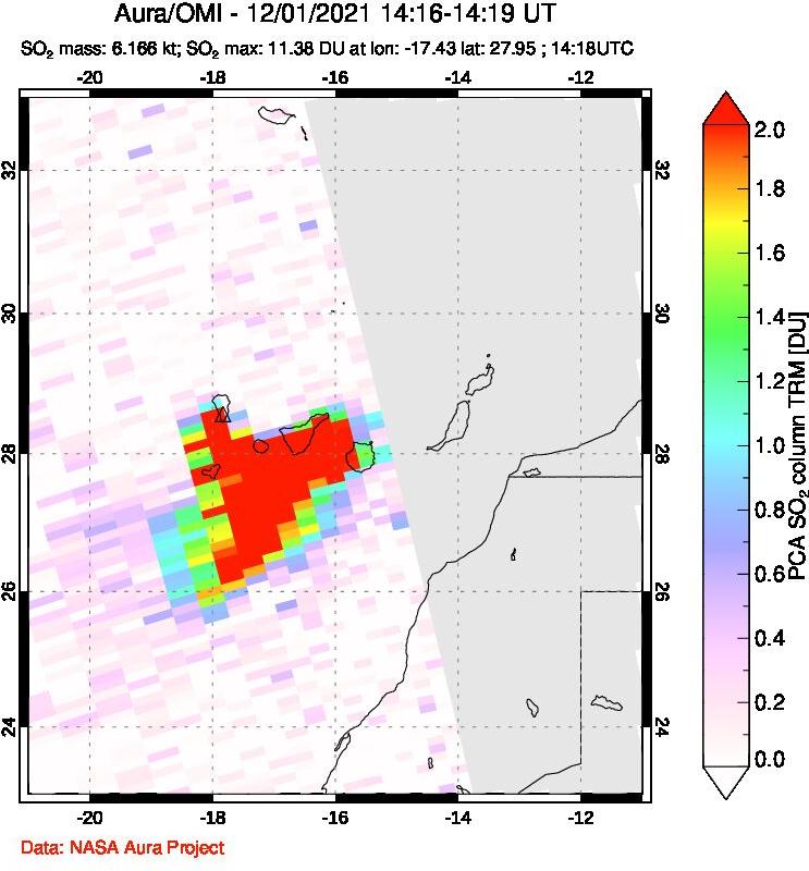 A sulfur dioxide image over Canary Islands on Dec 01, 2021.