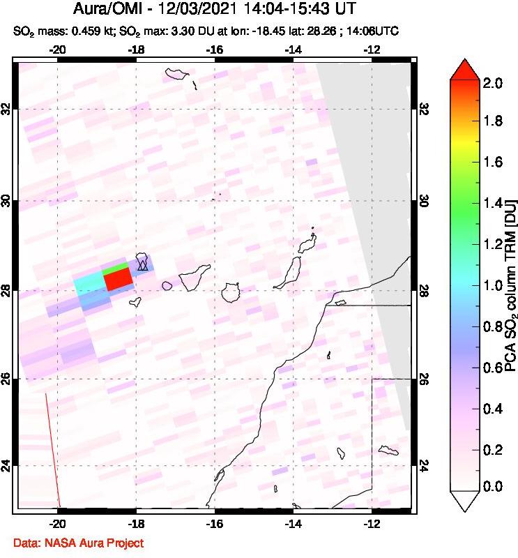 A sulfur dioxide image over Canary Islands on Dec 03, 2021.