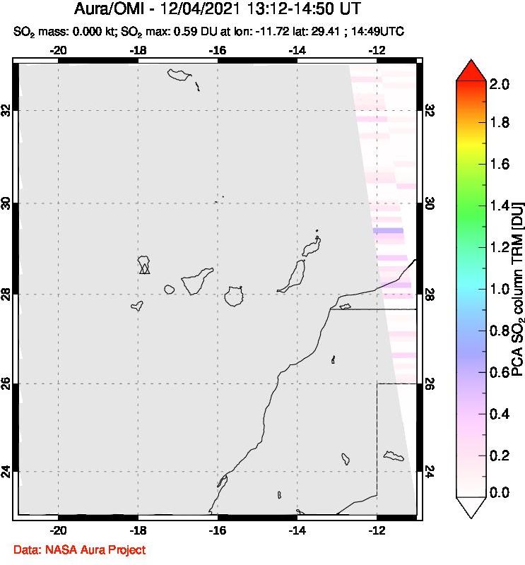 A sulfur dioxide image over Canary Islands on Dec 04, 2021.