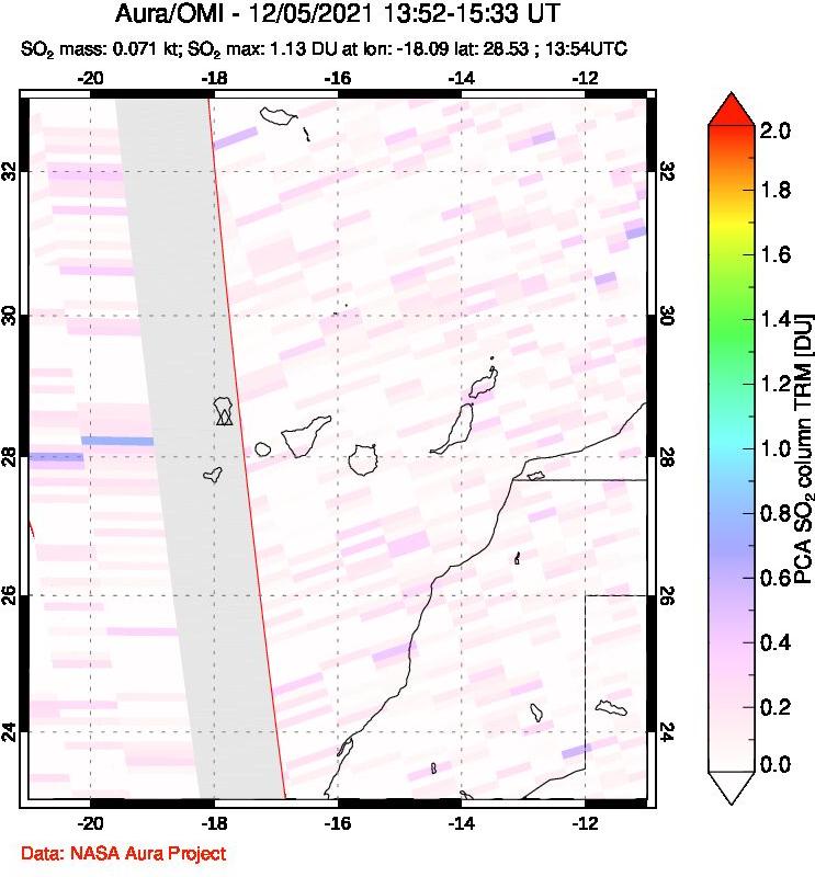 A sulfur dioxide image over Canary Islands on Dec 05, 2021.