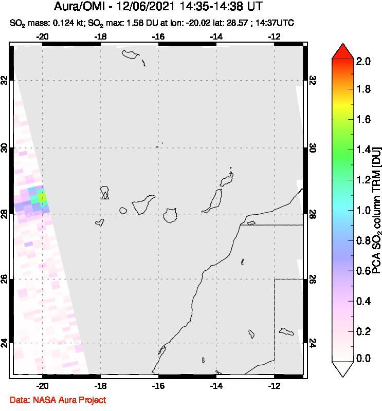 A sulfur dioxide image over Canary Islands on Dec 06, 2021.