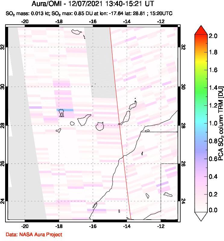 A sulfur dioxide image over Canary Islands on Dec 07, 2021.