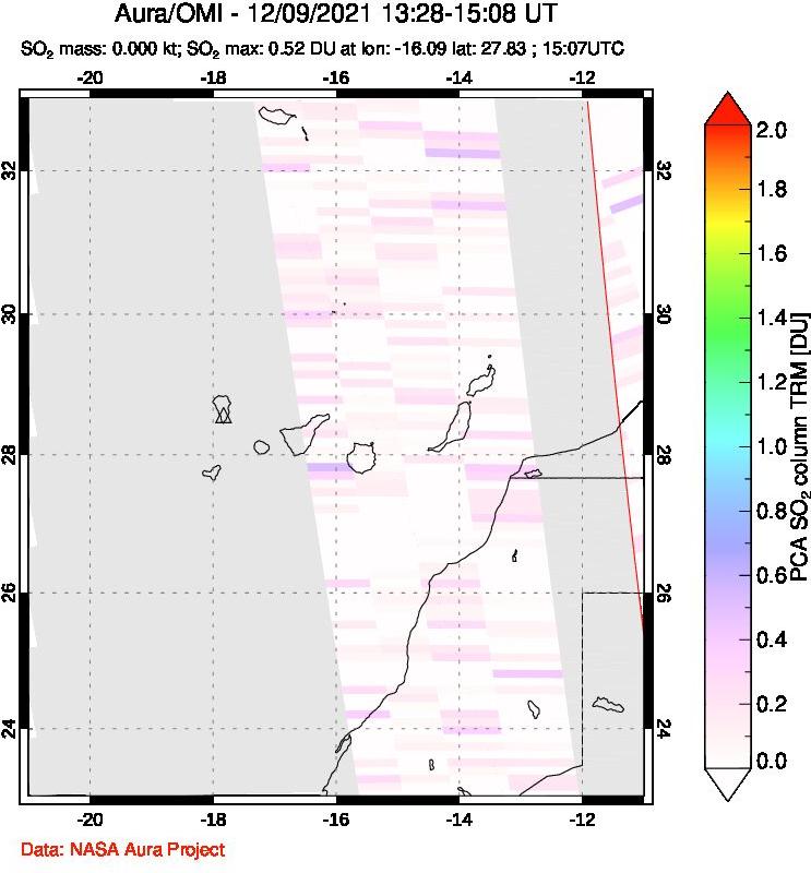 A sulfur dioxide image over Canary Islands on Dec 09, 2021.