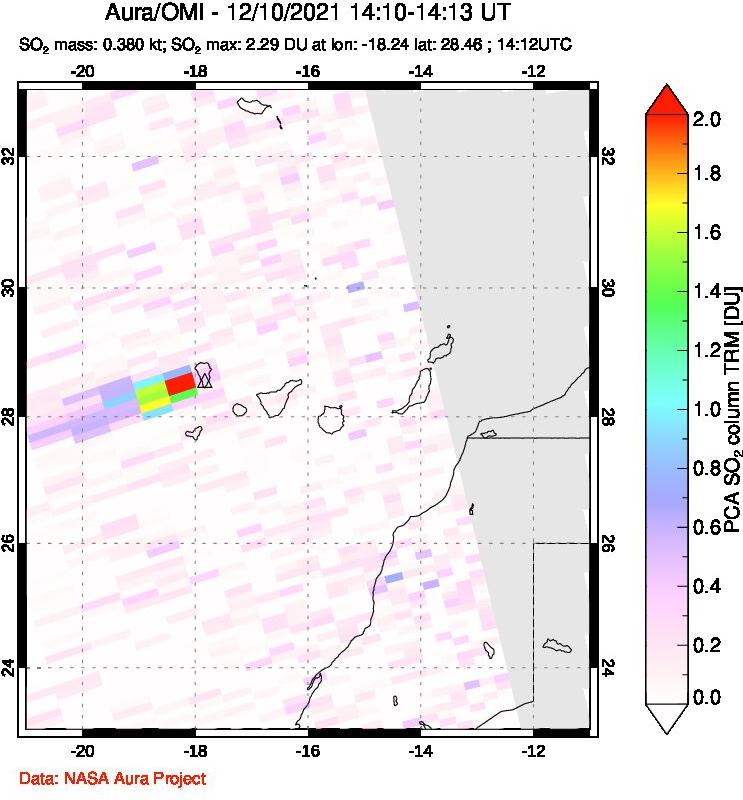 A sulfur dioxide image over Canary Islands on Dec 10, 2021.