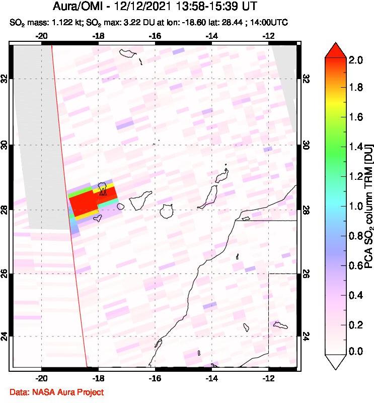 A sulfur dioxide image over Canary Islands on Dec 12, 2021.