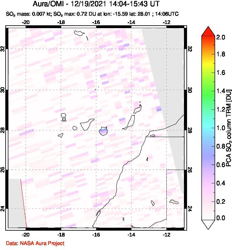 A sulfur dioxide image over Canary Islands on Dec 19, 2021.