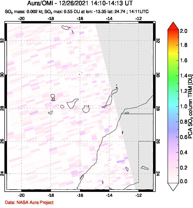 A sulfur dioxide image over Canary Islands on Dec 26, 2021.