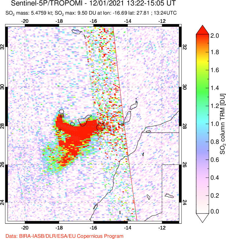A sulfur dioxide image over Canary Islands on Dec 01, 2021.
