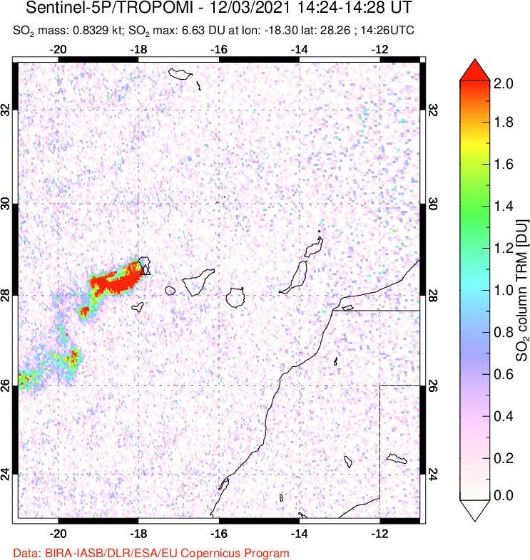 A sulfur dioxide image over Canary Islands on Dec 03, 2021.