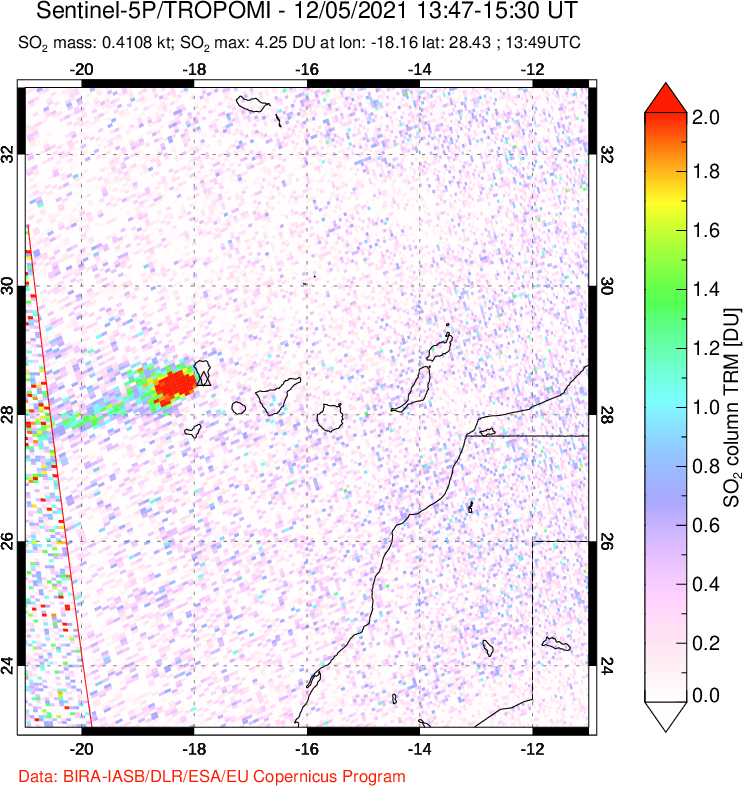 A sulfur dioxide image over Canary Islands on Dec 05, 2021.