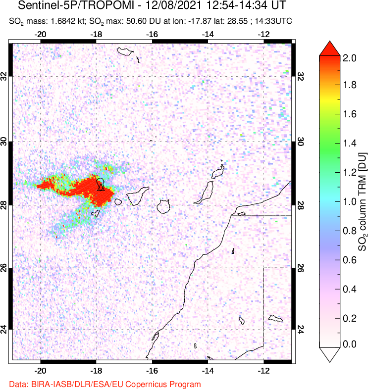 A sulfur dioxide image over Canary Islands on Dec 08, 2021.