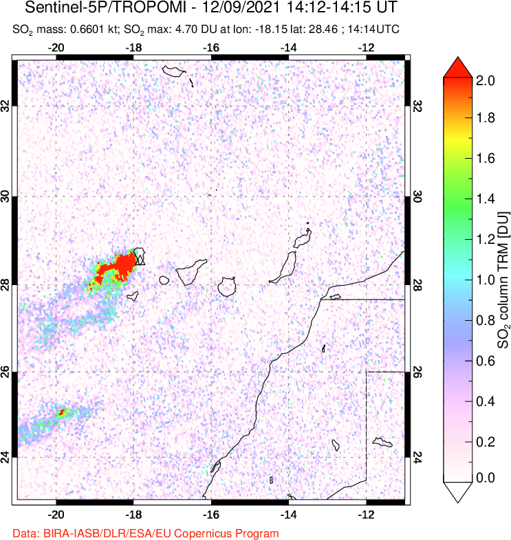A sulfur dioxide image over Canary Islands on Dec 09, 2021.