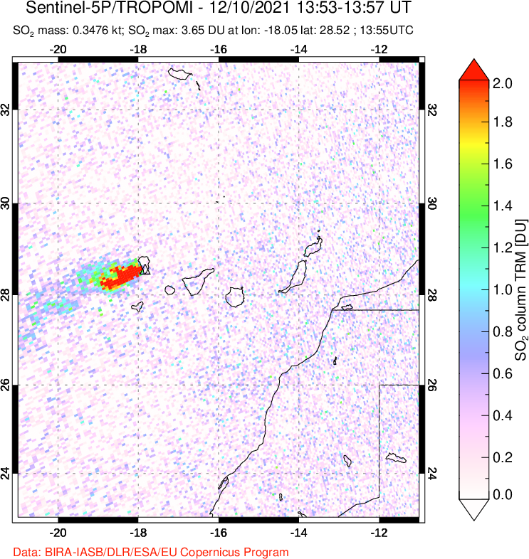 A sulfur dioxide image over Canary Islands on Dec 10, 2021.