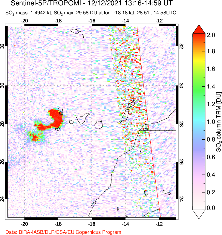 A sulfur dioxide image over Canary Islands on Dec 12, 2021.