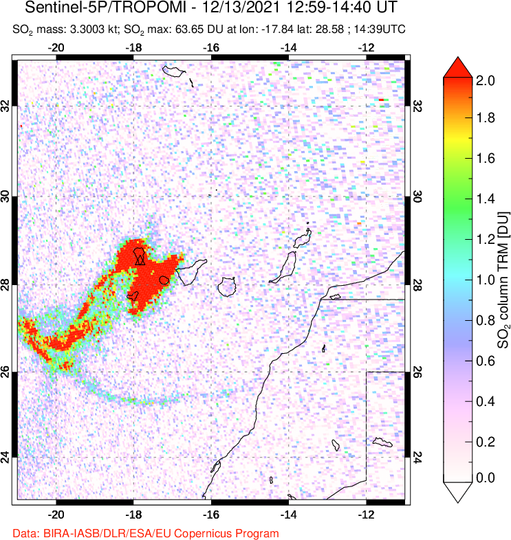 A sulfur dioxide image over Canary Islands on Dec 13, 2021.