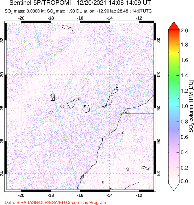 A sulfur dioxide image over Canary Islands on Dec 20, 2021.