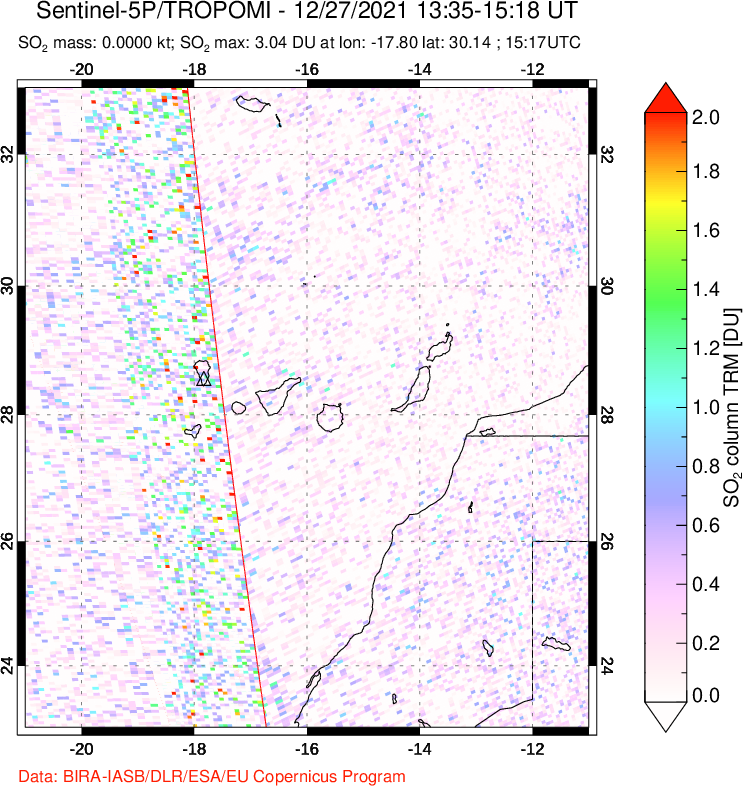 A sulfur dioxide image over Canary Islands on Dec 27, 2021.