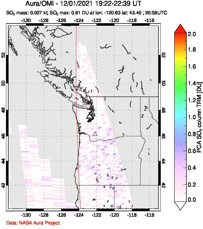 A sulfur dioxide image over Cascade Range, USA on Dec 01, 2021.