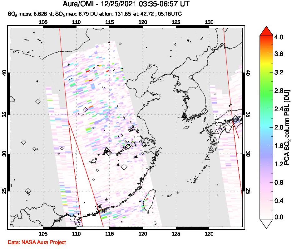 A sulfur dioxide image over Eastern China on Dec 25, 2021.