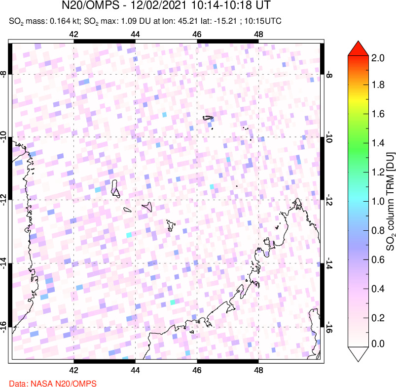 A sulfur dioxide image over Comoro Islands on Dec 02, 2021.