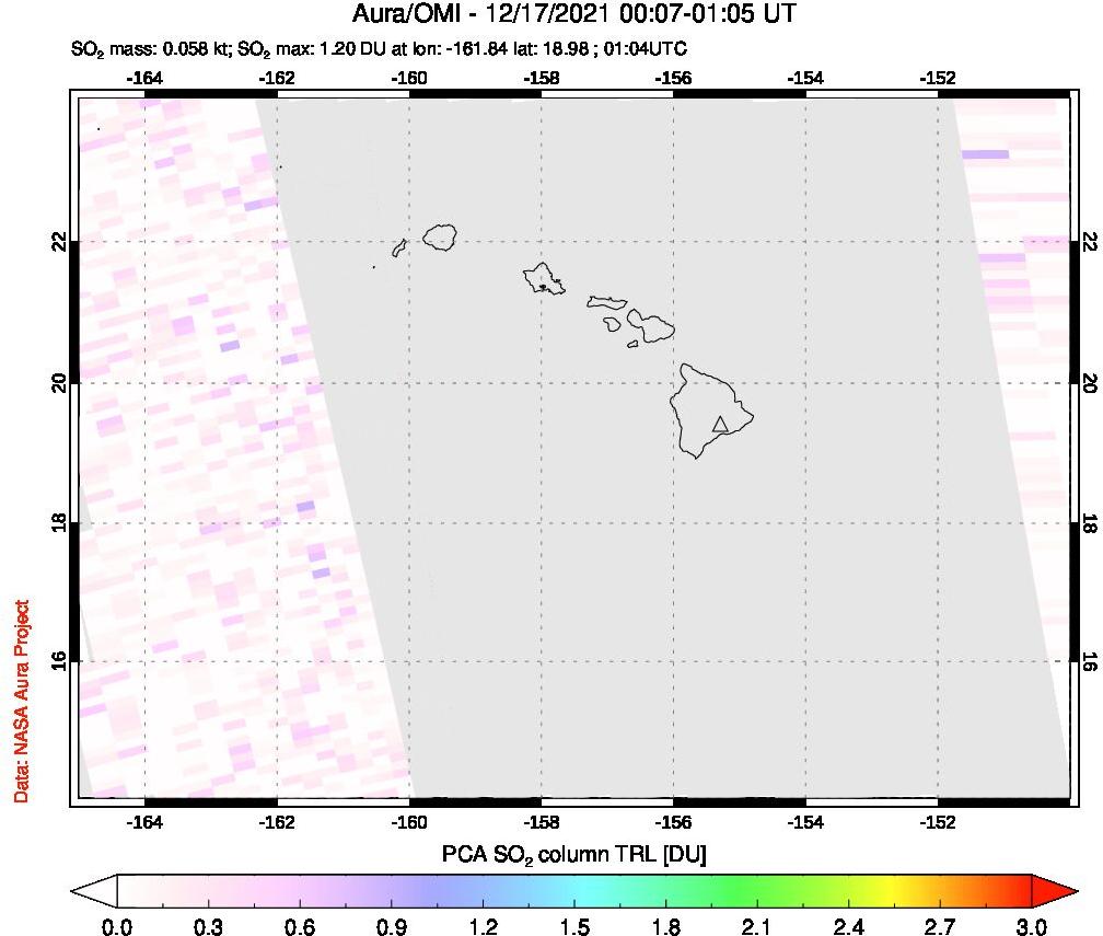 A sulfur dioxide image over Hawaii, USA on Dec 17, 2021.