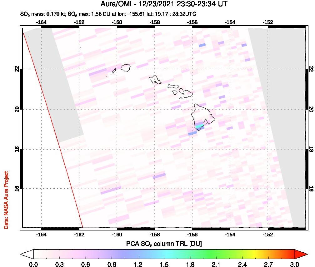 A sulfur dioxide image over Hawaii, USA on Dec 23, 2021.