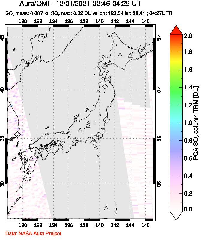 A sulfur dioxide image over Japan on Dec 01, 2021.