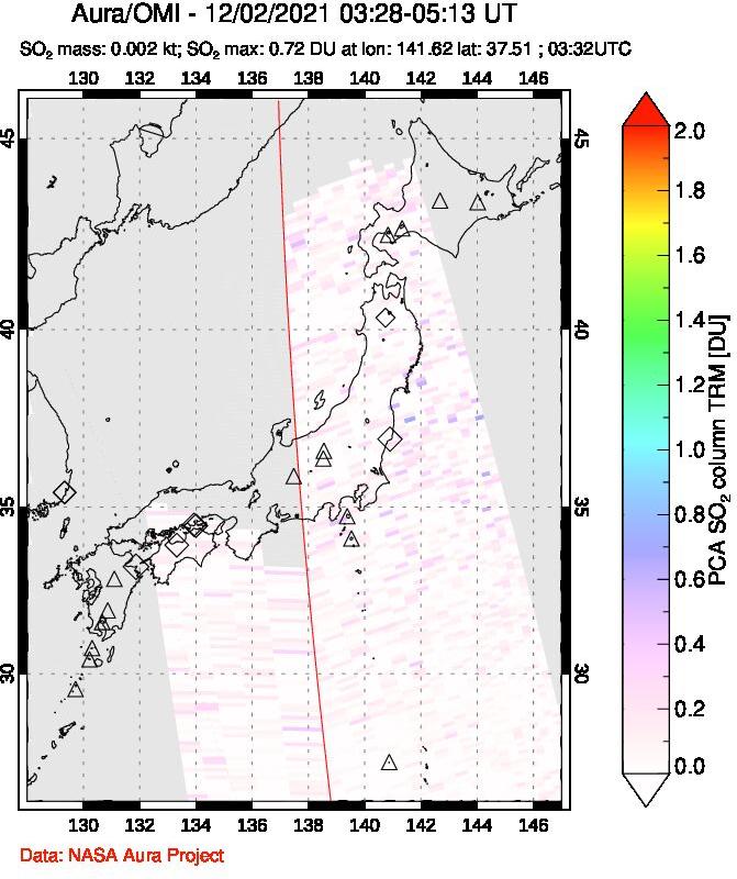 A sulfur dioxide image over Japan on Dec 02, 2021.