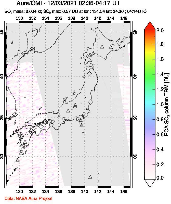 A sulfur dioxide image over Japan on Dec 03, 2021.