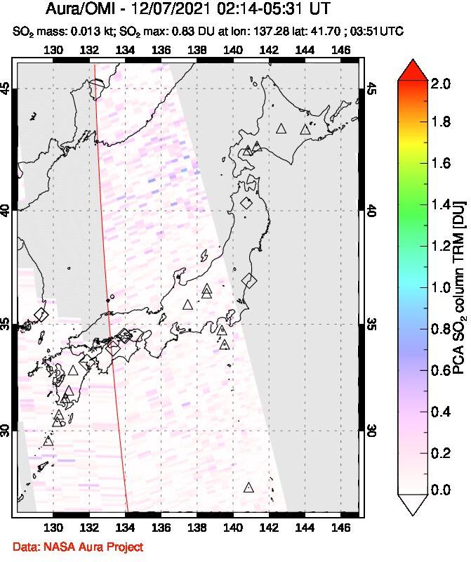 A sulfur dioxide image over Japan on Dec 07, 2021.