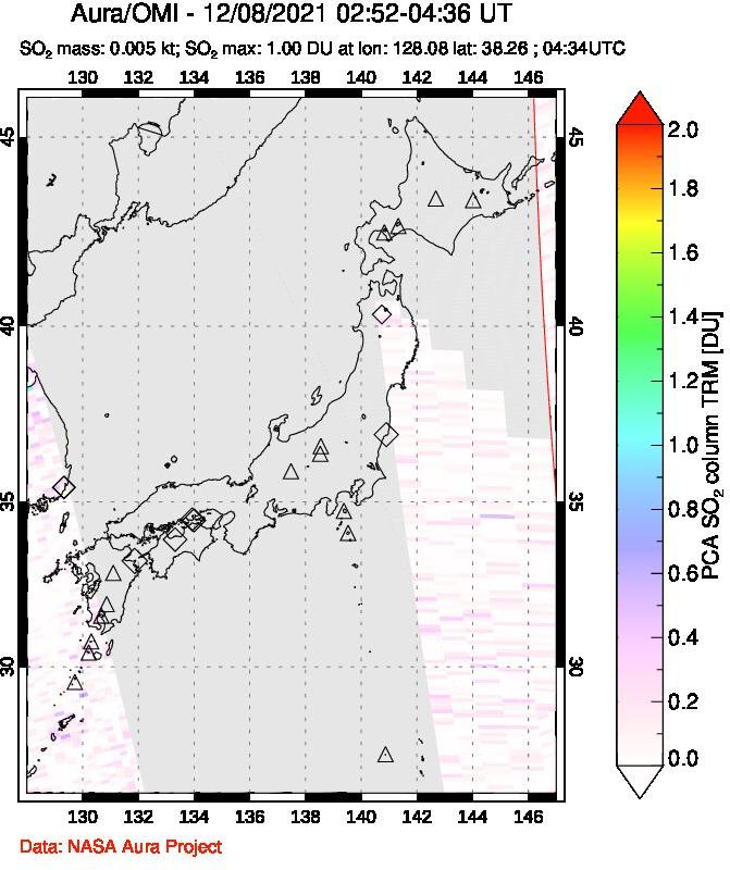 A sulfur dioxide image over Japan on Dec 08, 2021.