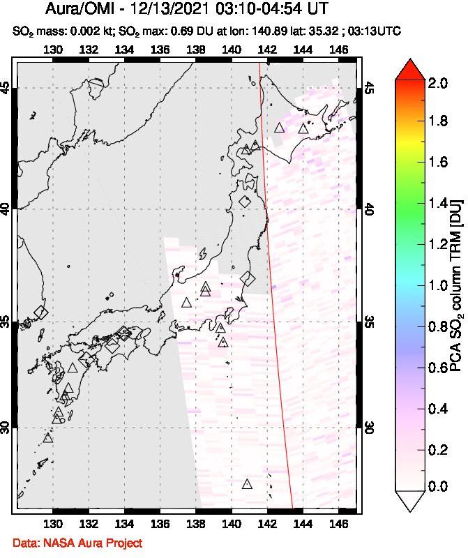 A sulfur dioxide image over Japan on Dec 13, 2021.