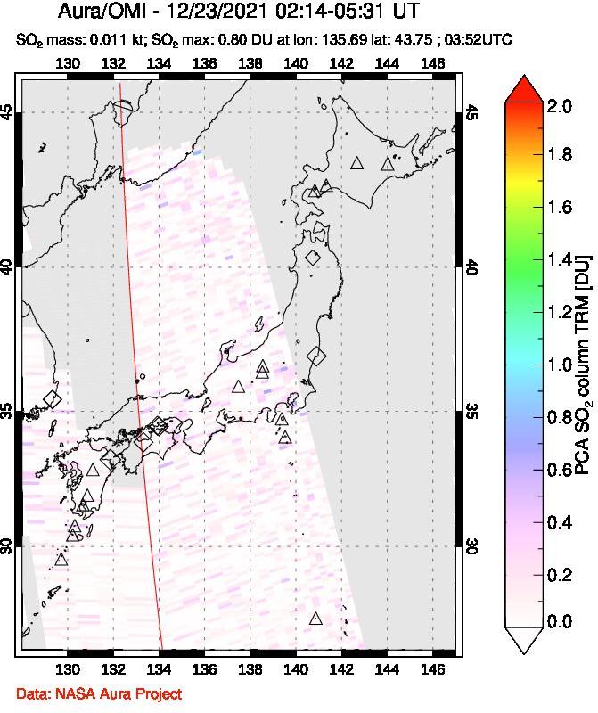 A sulfur dioxide image over Japan on Dec 23, 2021.