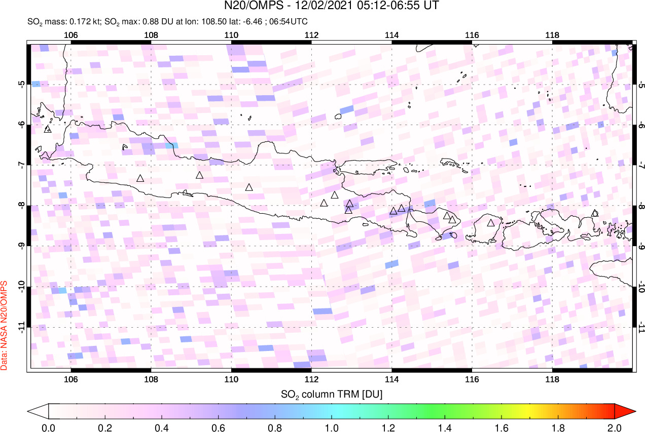 A sulfur dioxide image over Java, Indonesia on Dec 02, 2021.