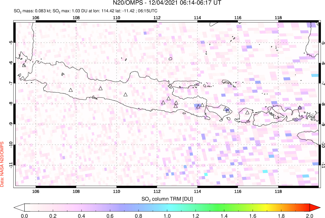 A sulfur dioxide image over Java, Indonesia on Dec 04, 2021.