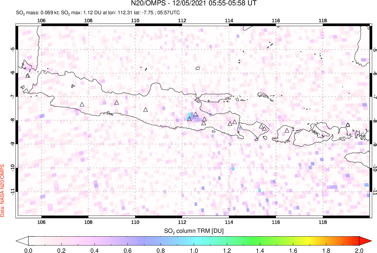 A sulfur dioxide image over Java, Indonesia on Dec 05, 2021.