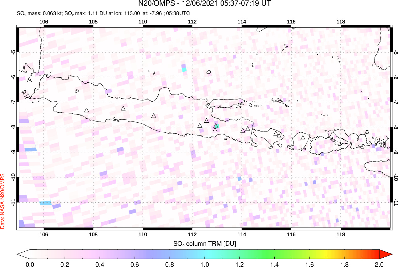 A sulfur dioxide image over Java, Indonesia on Dec 06, 2021.