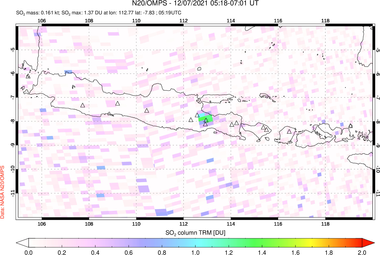 A sulfur dioxide image over Java, Indonesia on Dec 07, 2021.