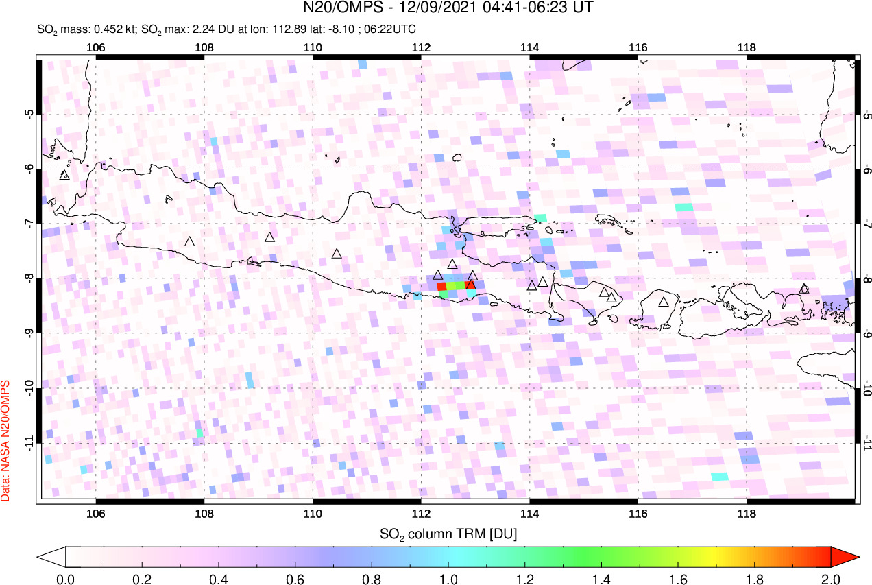 A sulfur dioxide image over Java, Indonesia on Dec 09, 2021.