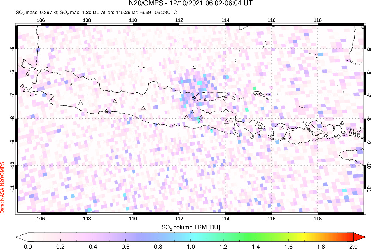 A sulfur dioxide image over Java, Indonesia on Dec 10, 2021.